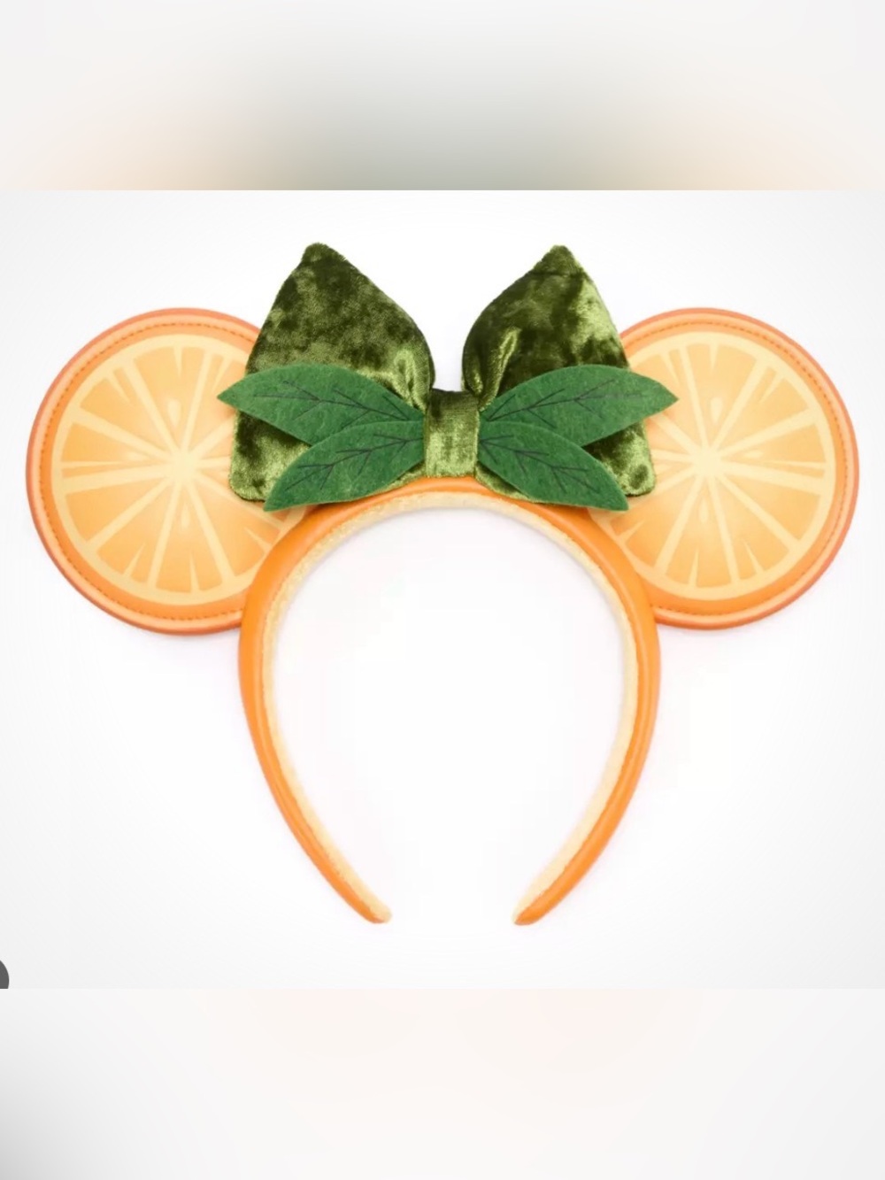 Disney Parks 2026 Minnie Mouse Orange Slice Ear Headband with Green Velvet Bow